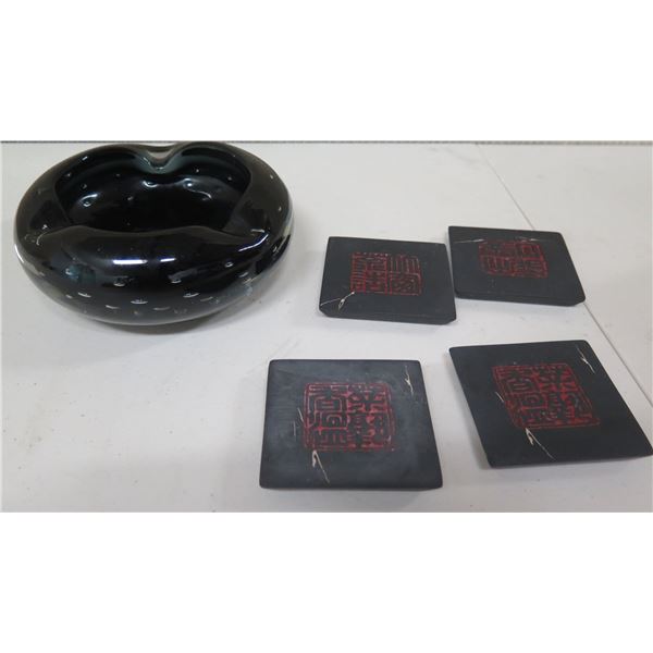 Qty 4 Square Drink Coasters & Round Tray