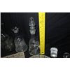 Image 8 : Qty 3 Etched Glass Decanters w/ Stoppers & 4 Cut Glass Trays