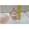 Image 8 : Qty 3 Pink-Tinted Glassware - Etched Fish Motif Bowl, Footed Bowl w/ Lid, Candle Holder