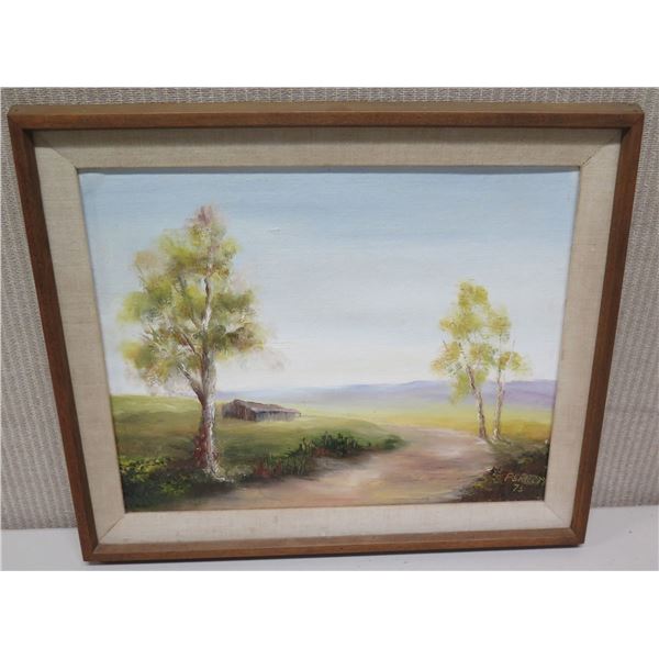 Framed Original Art on Canvas 17.5x15, Signed by Artist Perrett '74 "Country Road Albury, Australia"