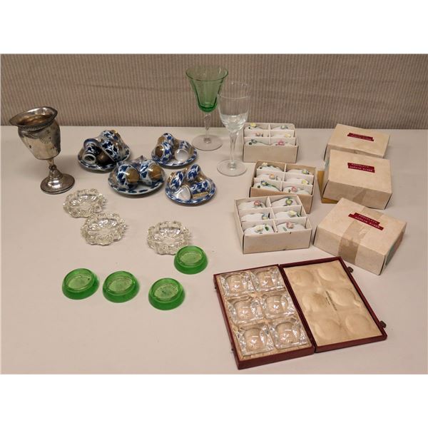 Wooden Box w/ 6 Mini Glass Trays, Porcelain Napkin Rings, Stemmed Metal Vessel, etc