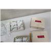 Image 8 : Wooden Box w/ 6 Mini Glass Trays, Porcelain Napkin Rings, Stemmed Metal Vessel, etc