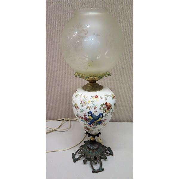 Vintage White Floral Porcelain Lamp on Metal Base w/ Glass Shade, 21.5" Tall