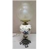 Image 1 : Vintage White Floral Porcelain Lamp on Metal Base w/ Glass Shade, 21.5" Tall