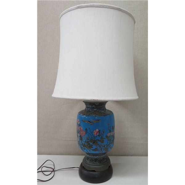 Blue Oriental Porcelain Lamp w/ Round Base & White Shade