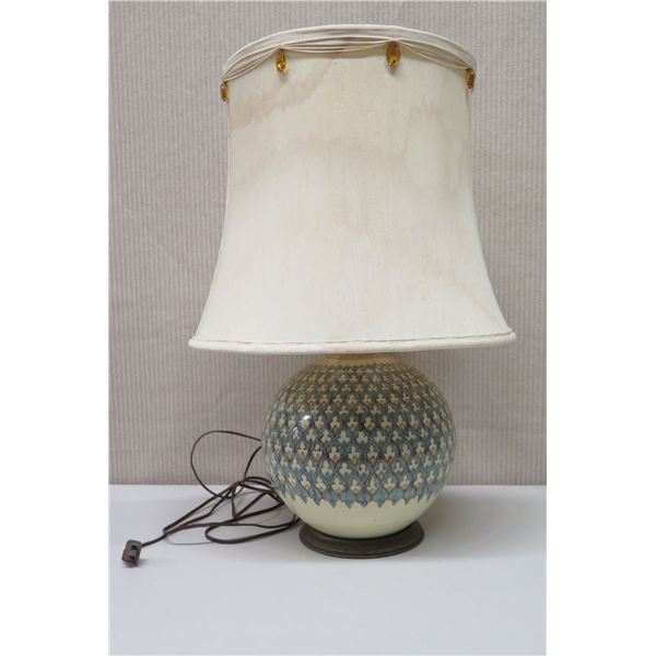 Round Ball Lamp with Blue/White Geometric Design, Approx. 24" Tall