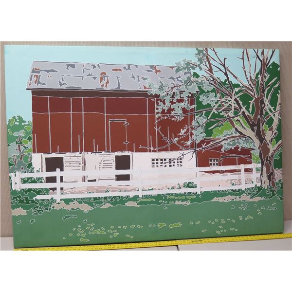 Very Large Painting on Canvas 66 x 47 - Red House w/ White Fence