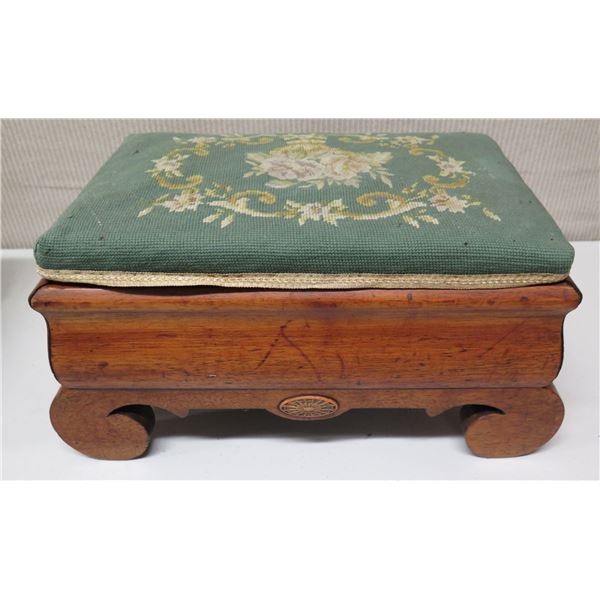 Carved Wooden Footstool w/ Green Floral Upholstered Top (shows some wear)