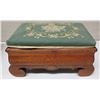 Image 1 : Carved Wooden Footstool w/ Green Floral Upholstered Top (shows some wear)