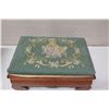 Image 2 : Carved Wooden Footstool w/ Green Floral Upholstered Top (shows some wear)
