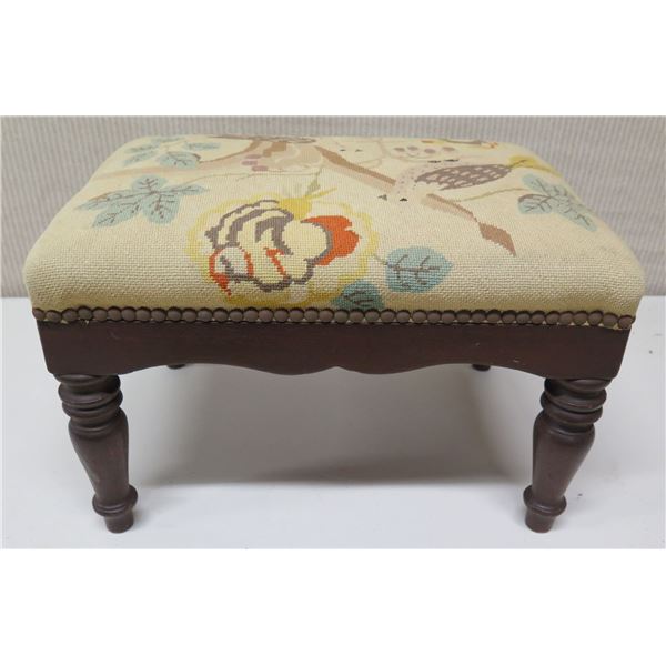 Wooden Footstool with Brocade Upholstered Top