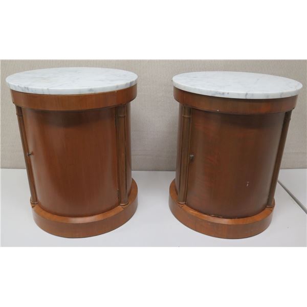 Qty 2 Round Cyclindrical Wooden End Tables w/ Cabinet, Shelving & Stone Top