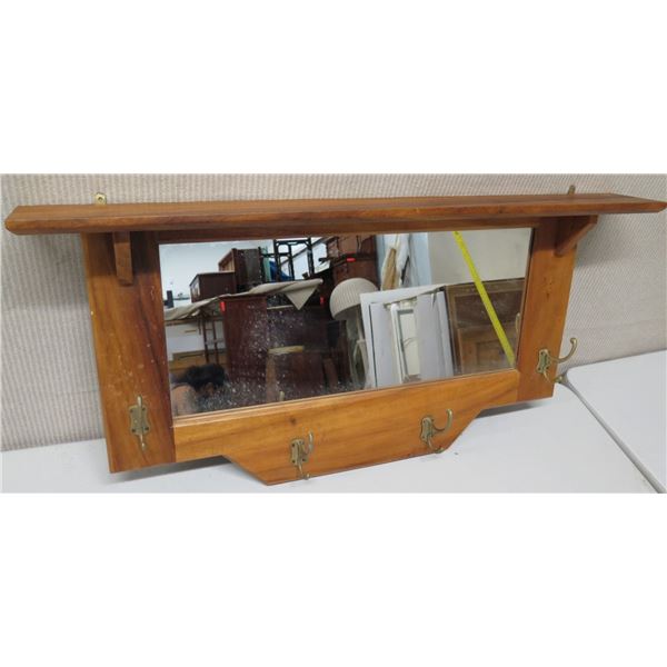 Wooden Mirrored Wall Shelf w/ Hooks