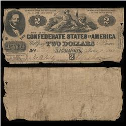 1862 Rare $2 Confederate Note Circulated (COI-4117)