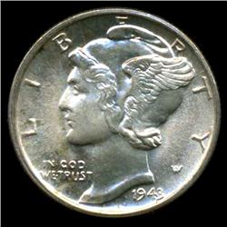 1943D Mercury 10c Dime BU Gem+ Coin FB (COI-3140)