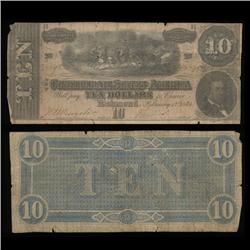 1864 Rare $10 Confederate Note Circulated (COI-4119)