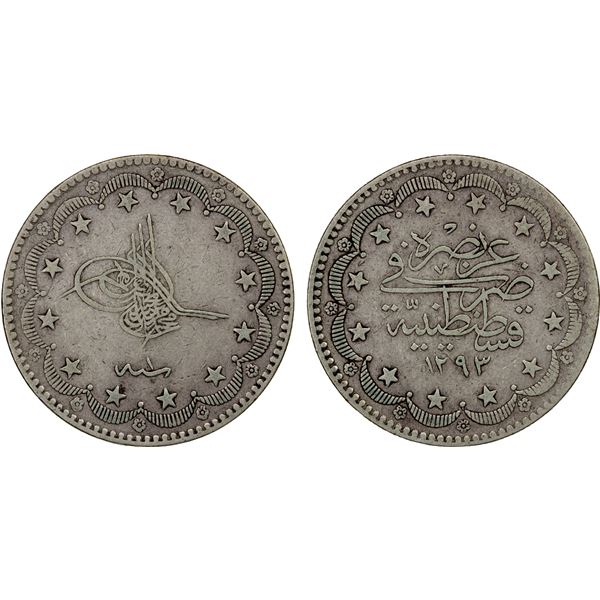 TURKEY: Murad V, 1876, AR 20 kurush, AH1293 year 1, VF