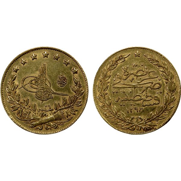 TURKEY: Abdul Hamid II, 1876-1909, AV 100 kurus, Kostantiniye, AH1293 year 29, strong VF