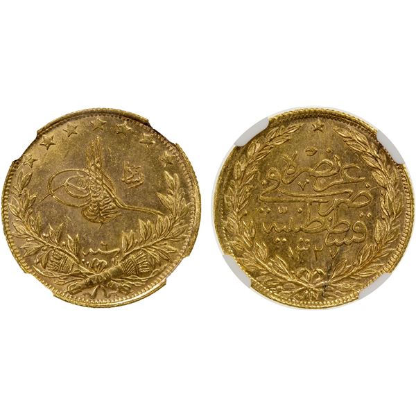 TURKEY: Mehmet V, 1909-1918, AV 100 kurush, Kostantiniye, AH1327 year 6, NGC graded MS64
