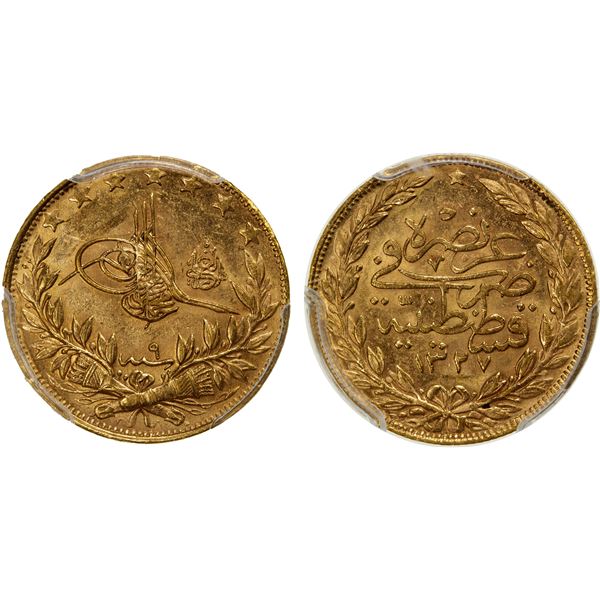 TURKEY: Mehmet V, 1909-1918, AV 100 kurush, Kostantiniye, AH1327 year 9, PCGS graded MS62