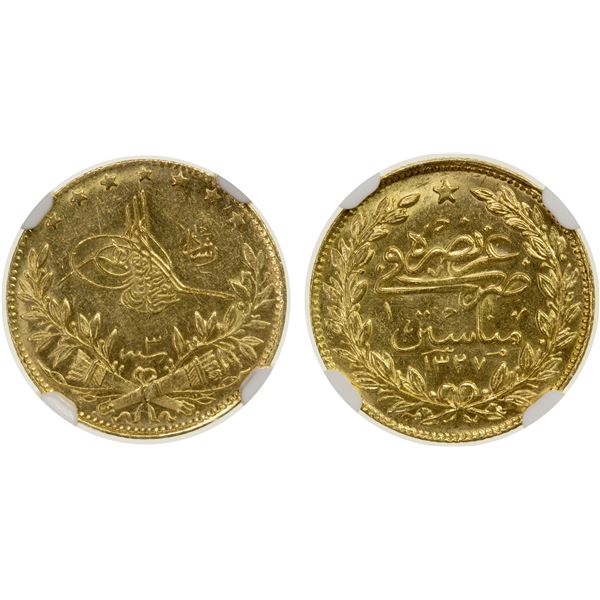 TURKEY: Mehmet V, 1909-1918, AV 50 kurush, Manastir (Bitola), AH1327 year 3, NGC graded MS63