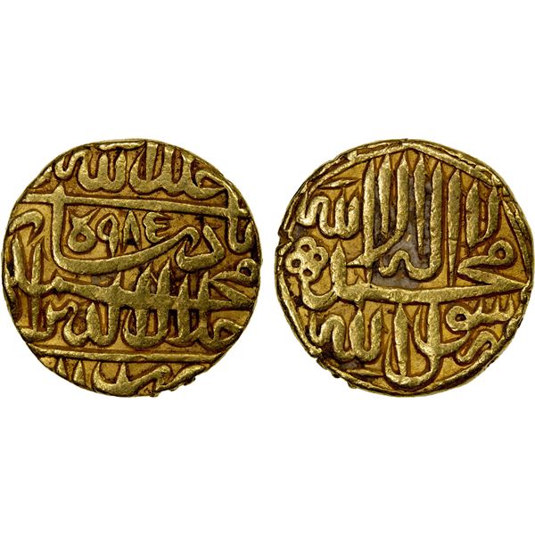 MUGHAL: Akbar I, 1556-1605, AV mohur (10.87g), Lahore, AH984, VF