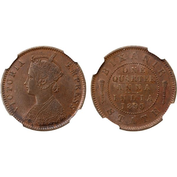 BIKANIR: Victoria, Empress, 1876-1901, AE 1/4 anna, 1895, NGC graded MS62 BN