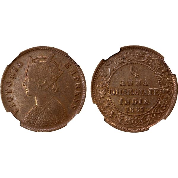DHAR: Anand Rao III, 1860-1898, AE 1/4 anna, 1887, NGC graded AU50 BN