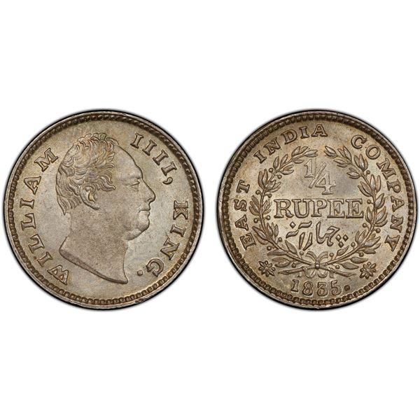 BRITISH INDIA: William IV, 1830-1837, AR 1/4 rupee, 1835(c), PCGS graded MS65