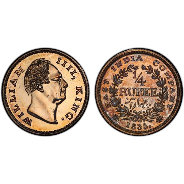 BRITISH INDIA: William IV, 1830-1837, AR 1/4 rupee, 1835(c), PCGS graded Proof 64