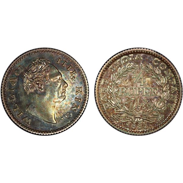 BRITISH INDIA: William IV, 1830-1837, AR 1/4 rupee, 1835(c), PCGS graded Proof 63