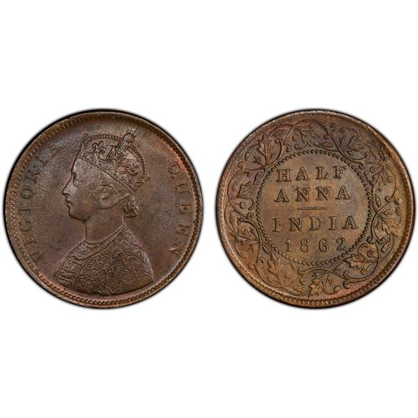 BRITISH INDIA: Victoria, Queen, 1837-1876, AE 1/2 anna, 1862(m), PCGS graded MS63 BN
