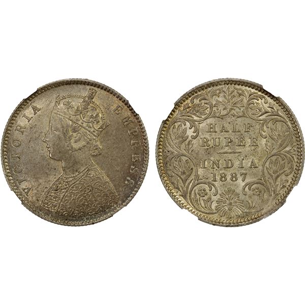 BRITISH INDIA: Victoria, Empress, 1876-1901, AR 1/2 rupee, 1887-C, NGC graded MS63