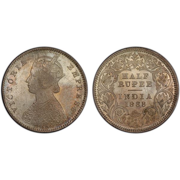 BRITISH INDIA: Victoria, Empress, 1876-1901, AR 1/2 rupee, 1888-C, PCGS graded MS64