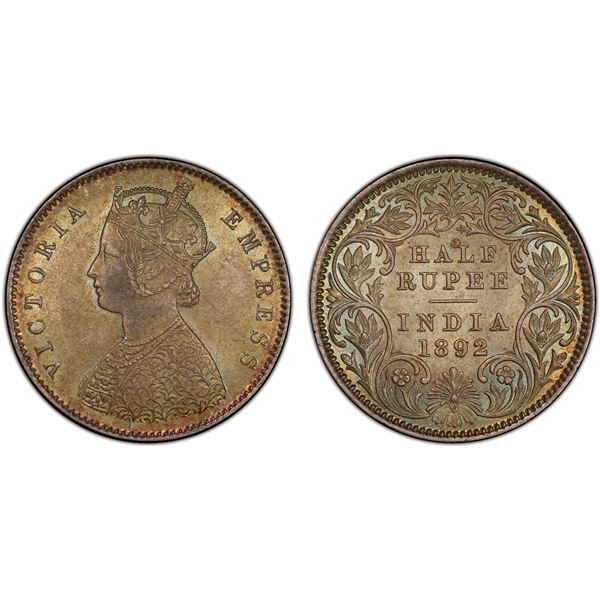 BRITISH INDIA: Victoria, Empress, 1876-1901, AR 1/2 rupee, 1892-C, PCGS graded MS63