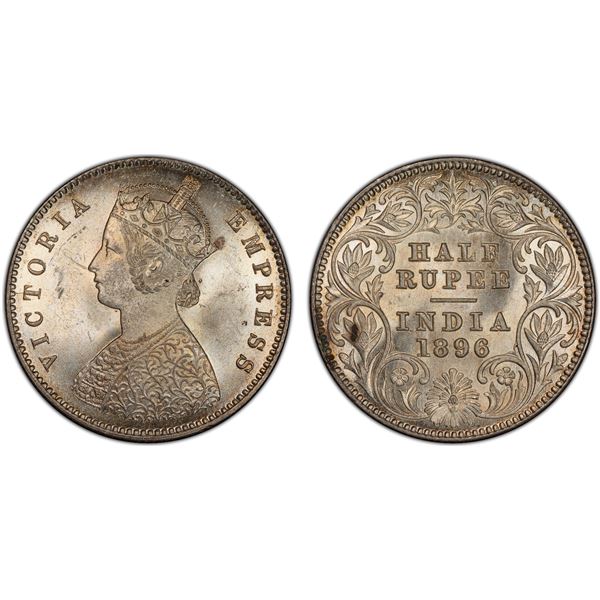 BRITISH INDIA: Victoria, Empress, 1876-1901, AR 1/2 rupee, 1896-C, PCGS graded MS64