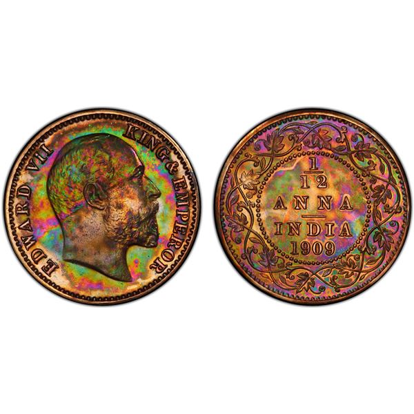 BRITISH INDIA: Edward VII, 1901-1910, AE 1/12 anna, 1909(c), PCGS graded Proof 63 RB
