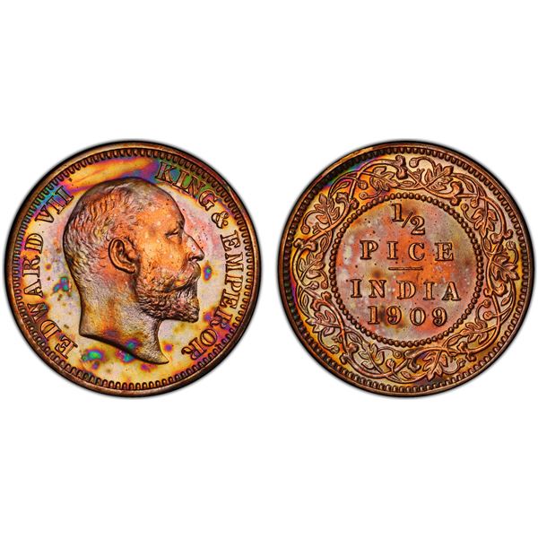 BRITISH INDIA: Edward VII, 1901-1910, AE 1/2 pice, 1909(c), PCGS graded Proof 63 RB