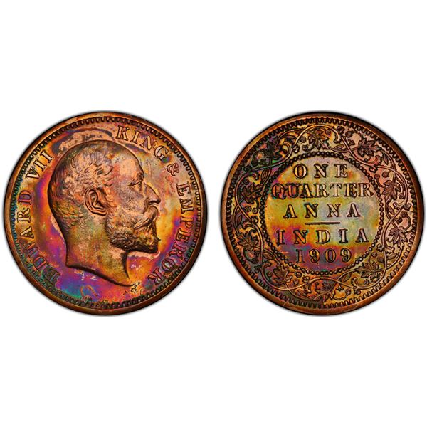 BRITISH INDIA: Edward VII, 1901-1910, AE 1/4 anna, 1909(c), PCGS graded Proof 62 RB