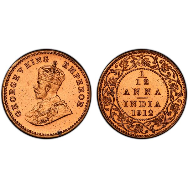 BRITISH INDIA: George V, 1910-1936, AE 1/12 anna, 1912(c), PCGS graded Proof 63 RD