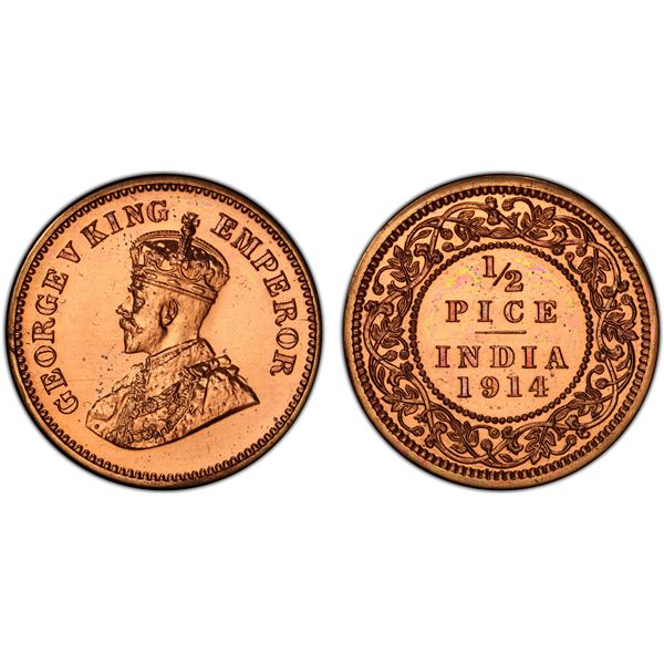 BRITISH INDIA: George V, 1910-1936, AE 1/2 pice, 1914(c), PCGS graded Proof 64 RD