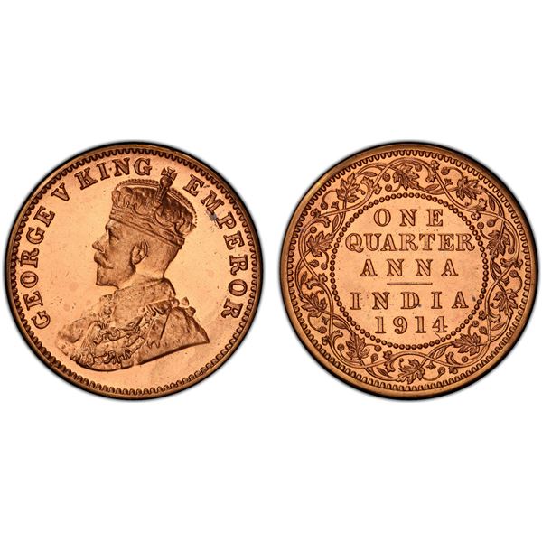 BRITISH INDIA: George V, 1910-1936, AE 1/4 anna, 1914(c), PCGS graded Proof 63 RD