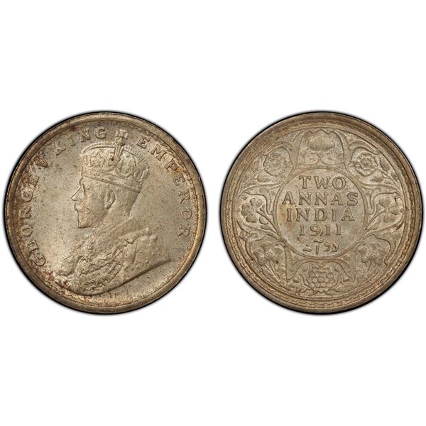 BRITISH INDIA: George V, 1910-1936, AR 2 annas, 1911(c), PCGS graded MS64