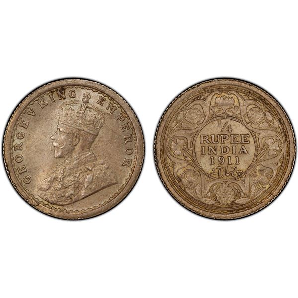 BRITISH INDIA: George V, 1910-1936, AR 1/4 rupee, 1911(c), PCGS graded MS63