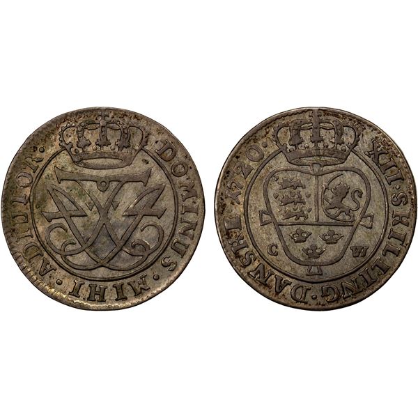 DENMARK: Frederik IV, 1699-1730, AR 12 skilling, 1720, EF to AU