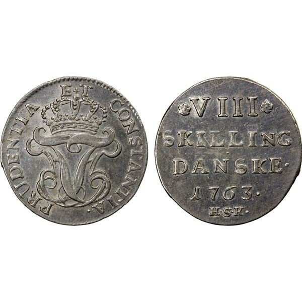 DENMARK: Frederik V, 1746-1766, AR 8 skilling, 1763, AU