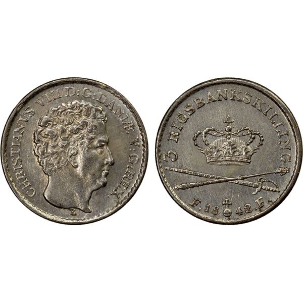 DENMARK: Christian VIII, 1839-1848, BI 3 rigsbankskilling, 1842, Unc