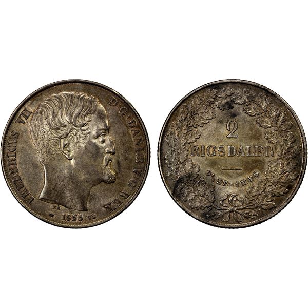 DENMARK: Frederik VII, 1848-1863, AR 2 rigsdaler, 1855, EF to AU