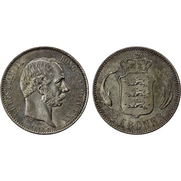 DENMARK: Christian IX, 1863-1906, AR 2 kroner, 1899, Choice AU