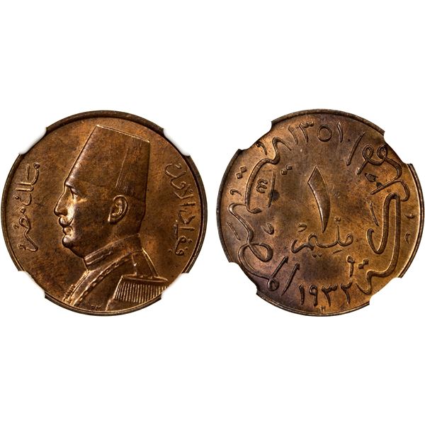 EGYPT: Fuad I, as king, 1922-1936, AE millieme, 1932/AH1351, NGC graded MS64 RB